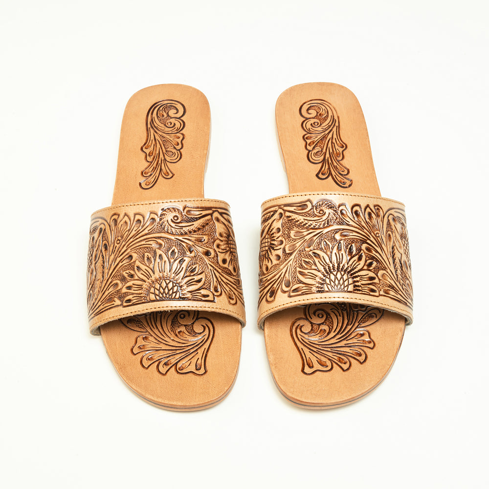 Myra Cactus Lace Handtooled Leather Sandals in Charred Brown