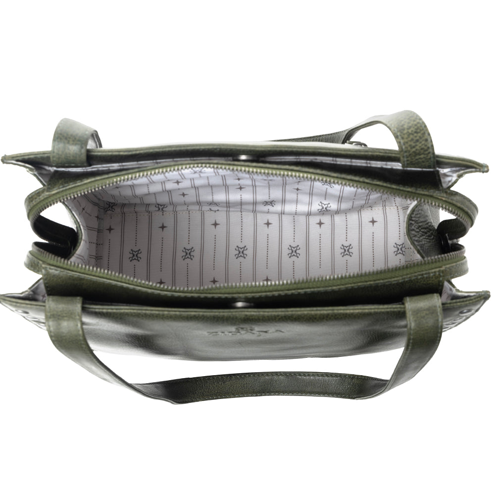 Myra Zidana Aria Amethyst Veg Tanned Leather Tote Bag in Dark Fern - Myra USA