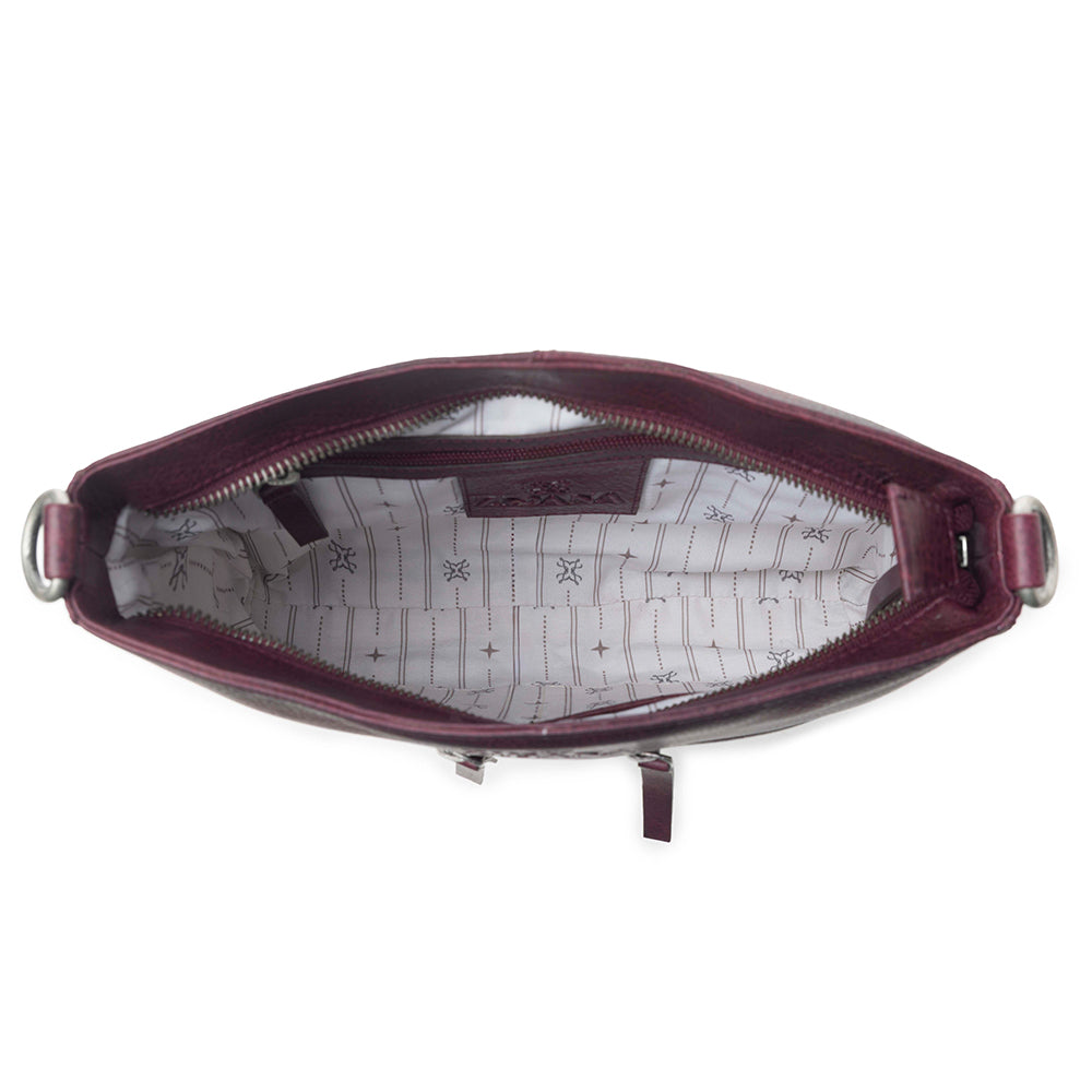 Myra Zidana El Paso Twin Veg Tanned Leather Crossbody Bag in Maroon Mesa