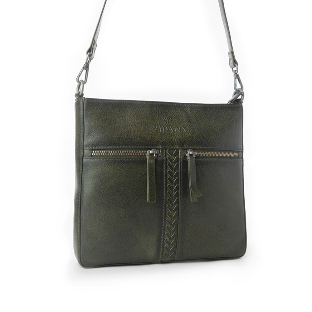 Myra Zidana El Paso Twin Veg Tanned Leather Crossbody Bag in Olive Grove - Myra USA