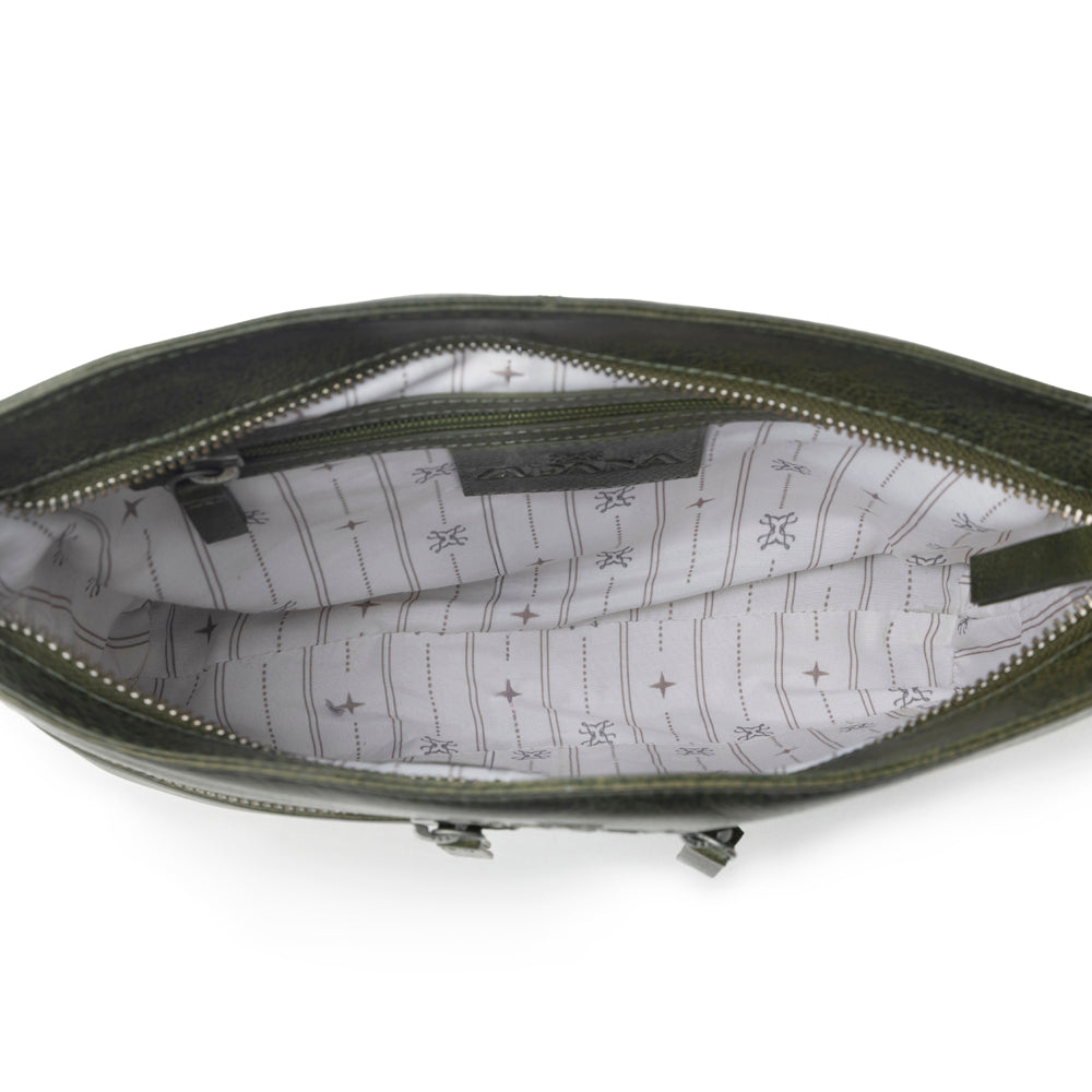 Myra Zidana El Paso Twin Veg Tanned Leather Crossbody Bag in Olive Grove - Myra USA