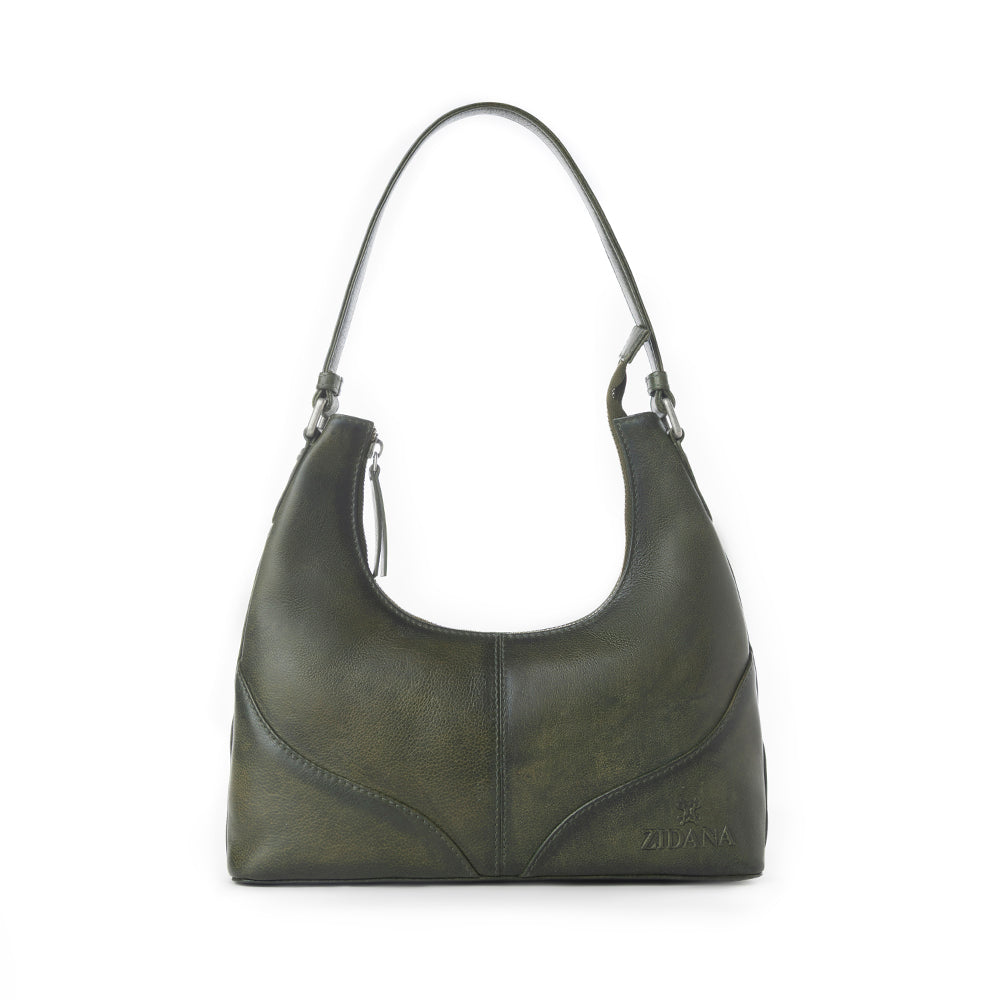 Myra Zidana Winchester Loop Veg Tanned Leather Shoulder Bag in Midnight Olive - Myra USA