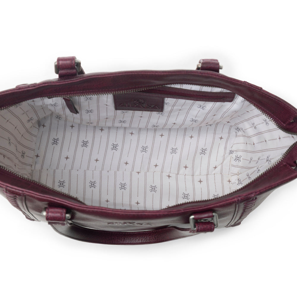 Myra Zidana Arista Bloom Veg Tanned Leather Handbag in Noire Berry - Myra USA