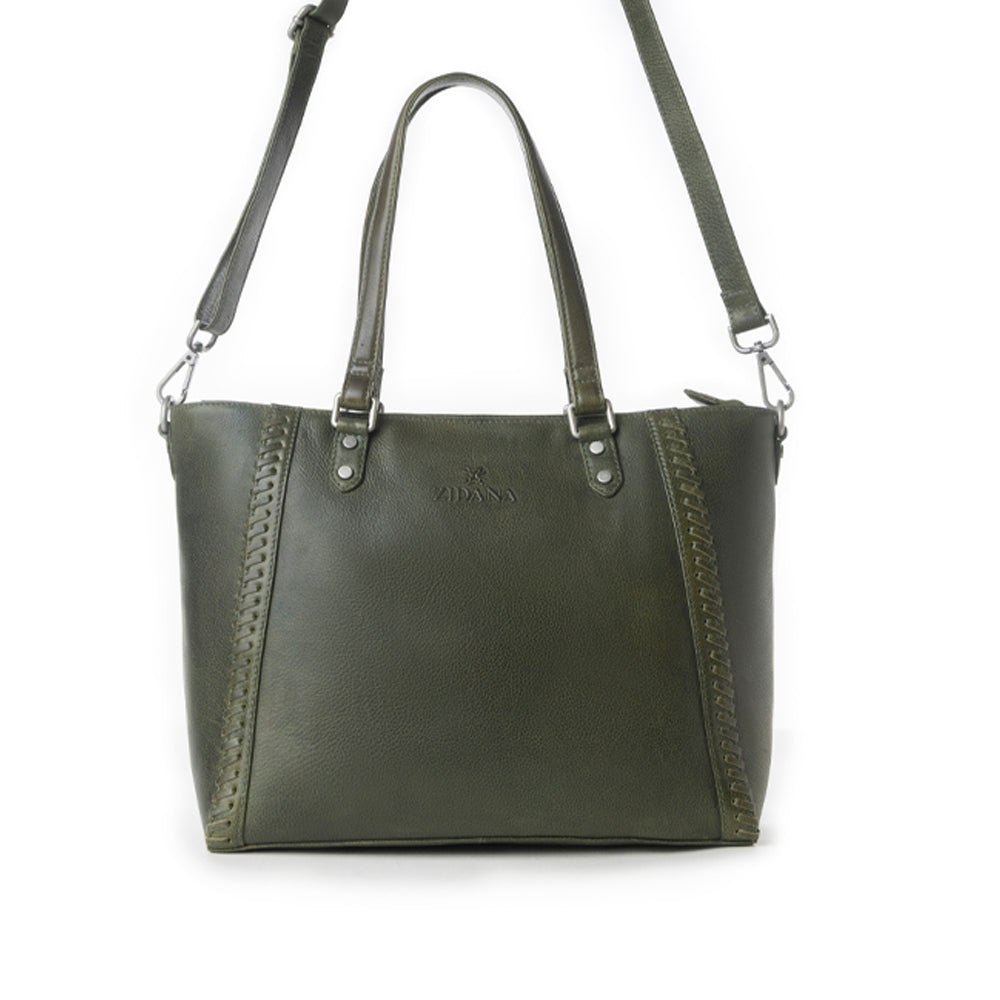 Myra Zidana Arista Bloom Veg Tanned Leather Handbag in Smoky Green - Myra USA
