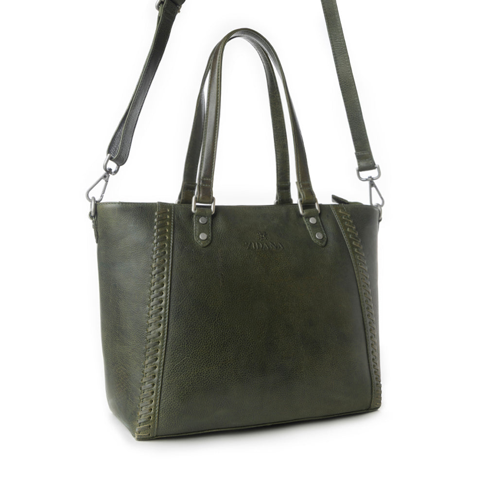 Myra Zidana Arista Bloom Veg Tanned Leather Handbag in Smoky Green - Myra USA