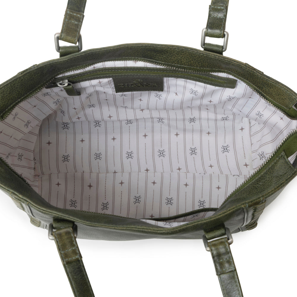 Myra Zidana Arista Bloom Veg Tanned Leather Handbag in Smoky Green - Myra USA