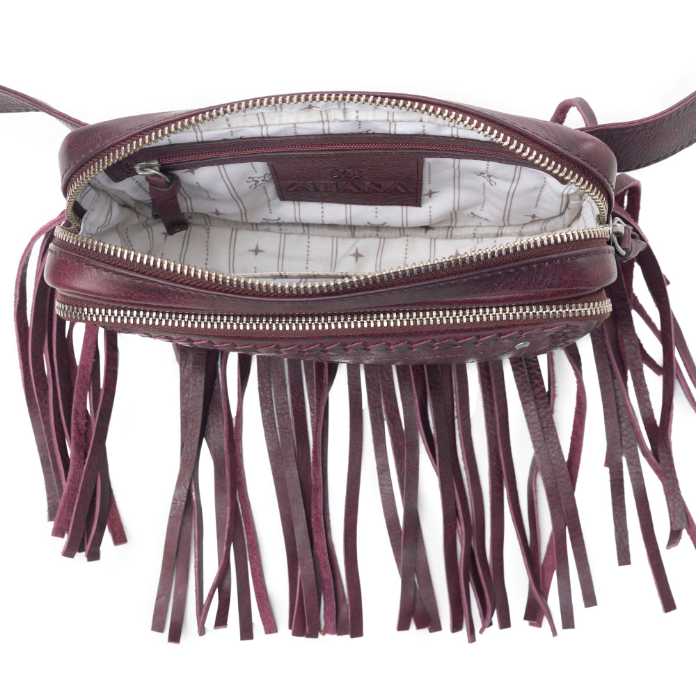Myra Zidana Stormy Trails Fringed Veg Tanned Leather Bag in Raven Dusk - Myra USA