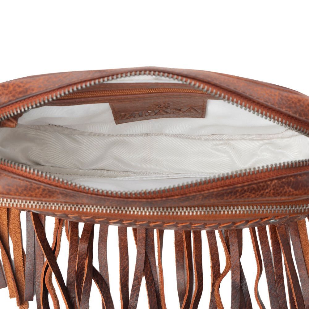 Myra Zidana Stormy Trails Fringed Veg Tanned Leather Bag in Vintage Ember - Myra USA