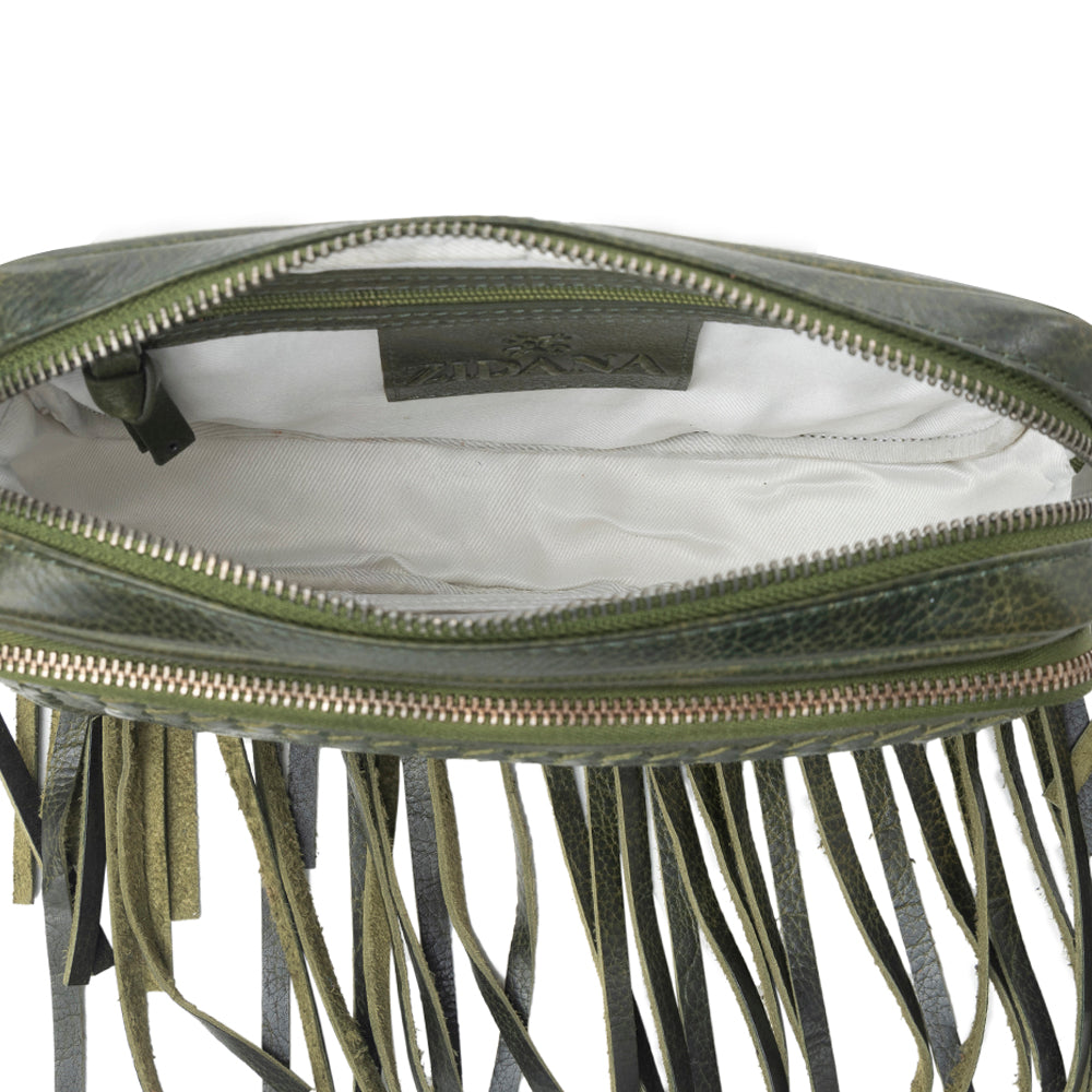 Myra Zidana Stormy Trails Fringed Veg Tanned Leather Bag in Dusty Pine - Myra USA