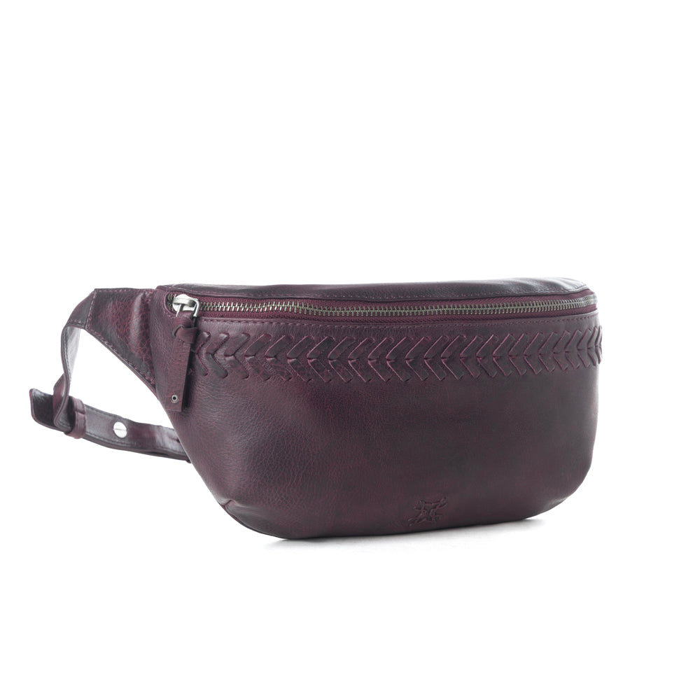 Myra Zidana Amarillo Handstitched Veg Tanned Leather Fanny Pack in Wildrose Plum - Myra USA