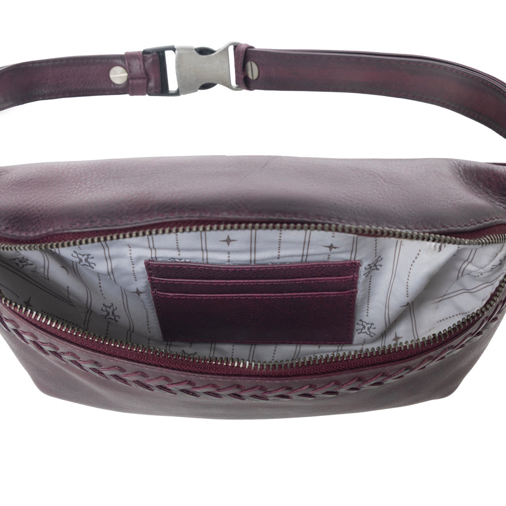 Myra Zidana Amarillo Handstitched Veg Tanned Leather Fanny Pack in Wildrose Plum - Myra USA