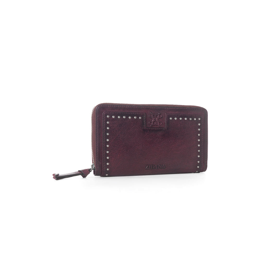Myra Zidana Astra Studded Veg Tanned Leather Wallet in Mulberry Dusk - Myra USA