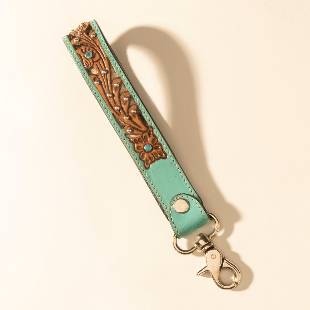 Myra River Glen Handtooled Hairon Leather Key Fob in Aqua Saddle - Myra USA