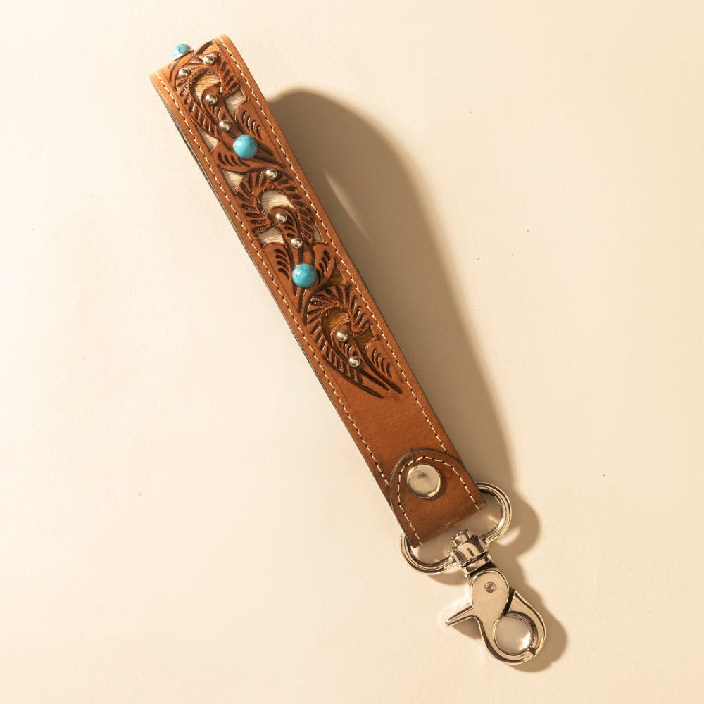 Myra River Glen Handtooled Hairon Leather Key Fob in Honey Turquoise - Myra USA