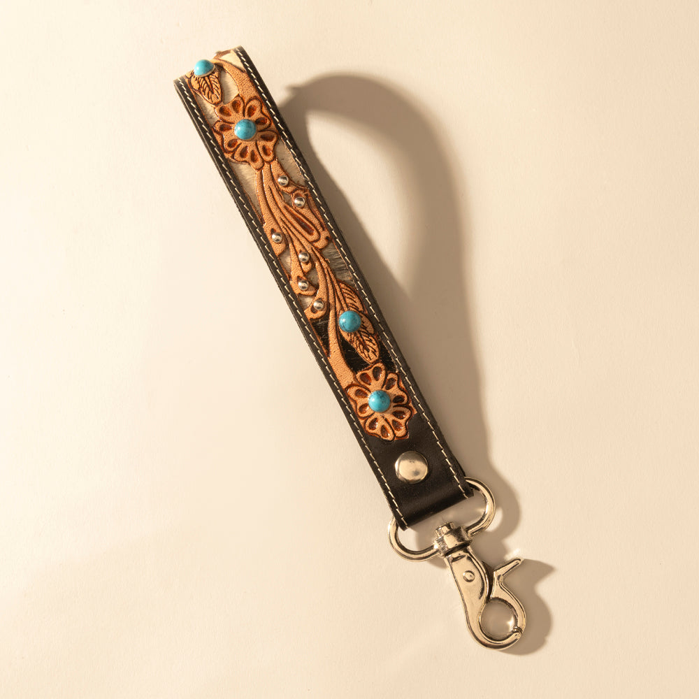 Myra River Glen Handtooled Hairon Leather Key Fob in Espresso Turquoise - Myra USA