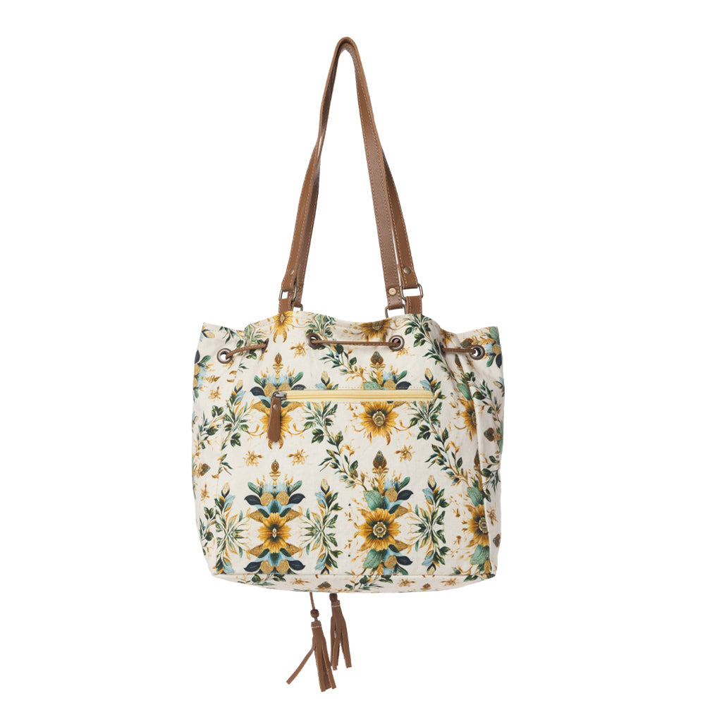 Myra Southern Bloom Cotton & Leather Bucket Bag in Chestnut Beige - Myra USA