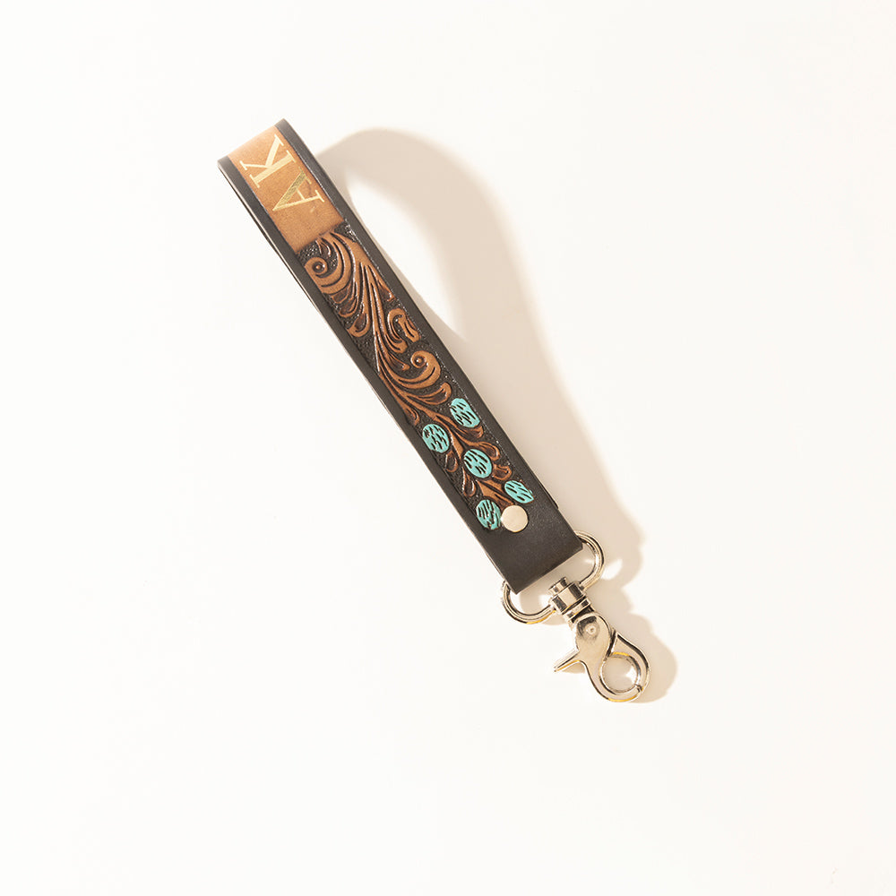 Myra Turquoise Trail Handtooled Leather Keyfob in Desert Ebony - Myra USA