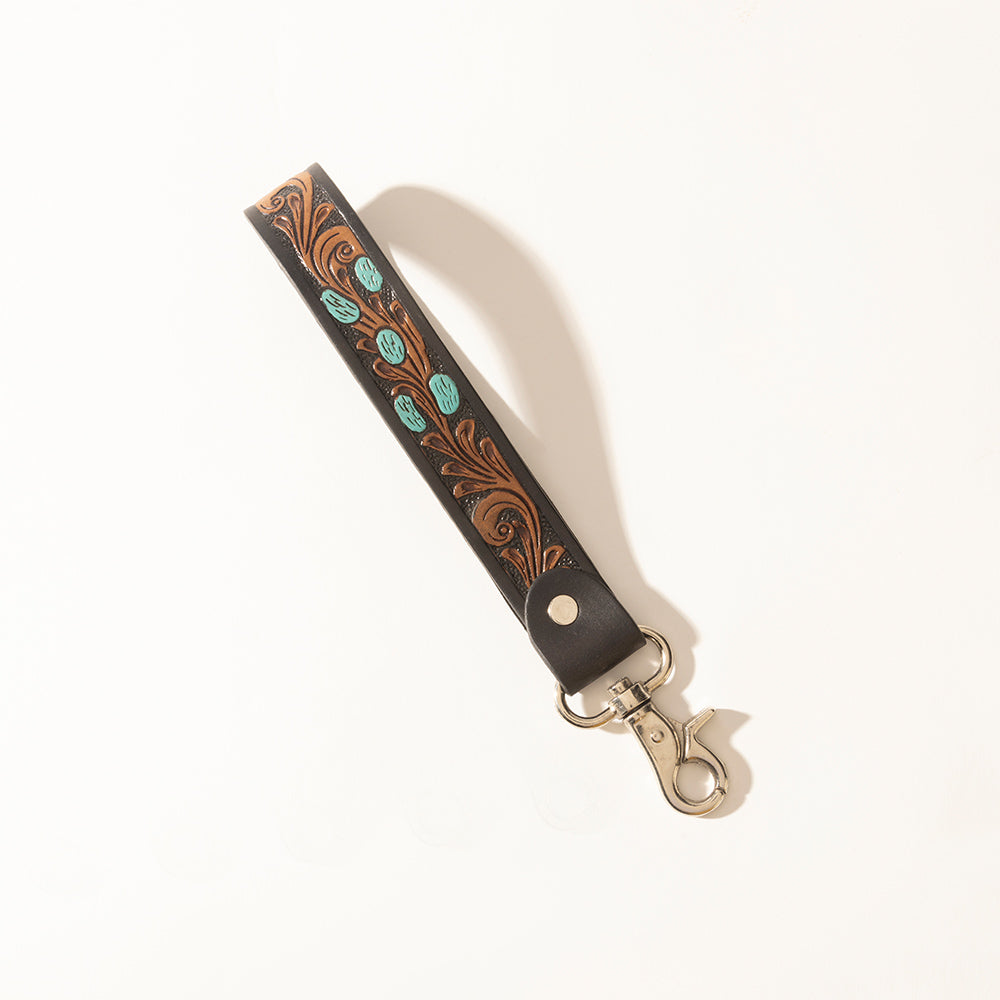 Myra Turquoise Trail Handtooled Leather Keyfob in Desert Ebony