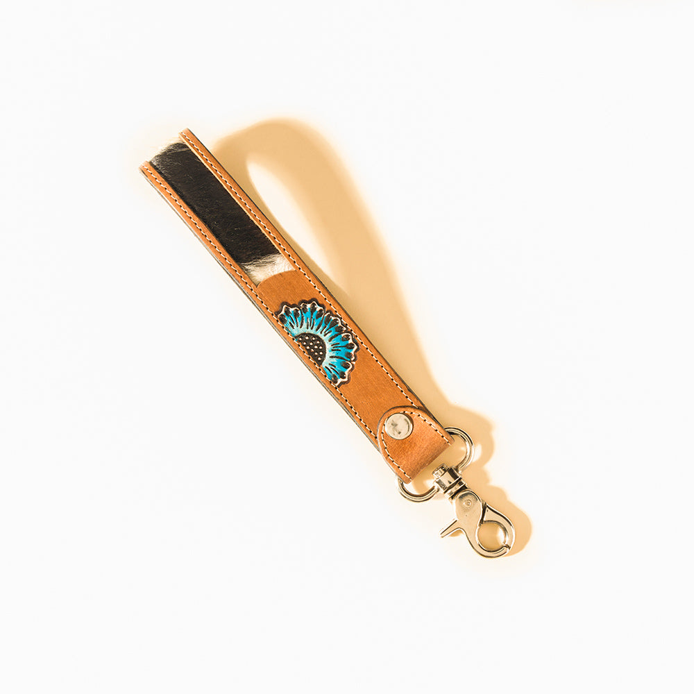 Myra Blush Bloom Hairon & Tooled Leather Keyfob in Saddle Rose
