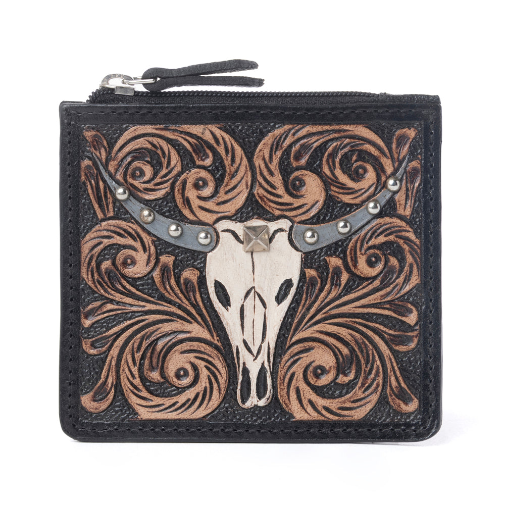 Myra Briar Creek Handtooled Leather Credit Card Holder in Ebony Caramel - Myra USA