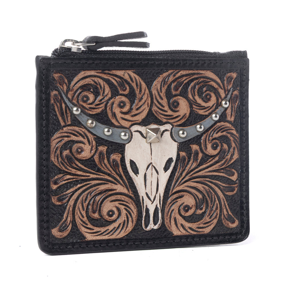 Myra Briar Creek Handtooled Leather Credit Card Holder in Ebony Caramel - Myra USA
