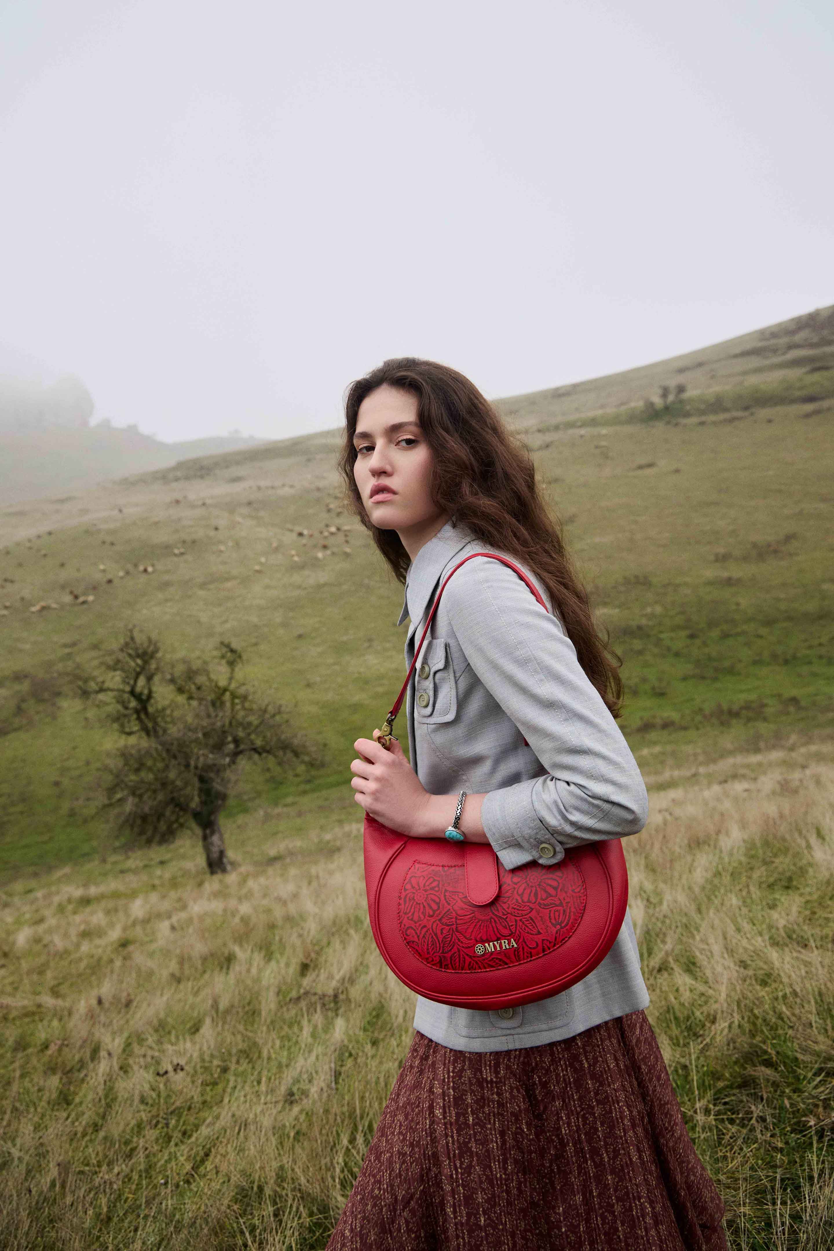 Myra Alanna Embossed Leather Bag in Wild Cherry