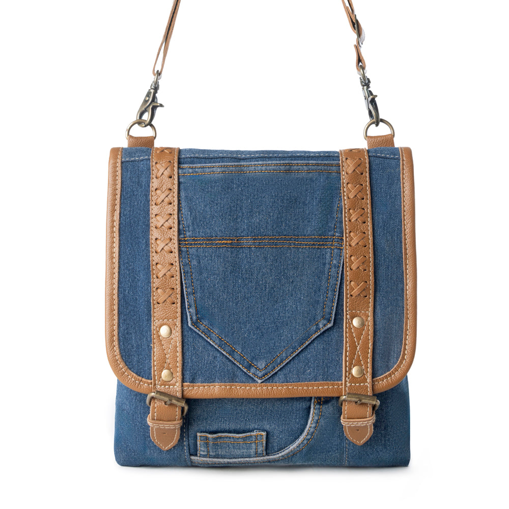 Dustrider upcycled canvas vintage style Concealed-Carry bag for Women in denim blue with leather - Myra USA
