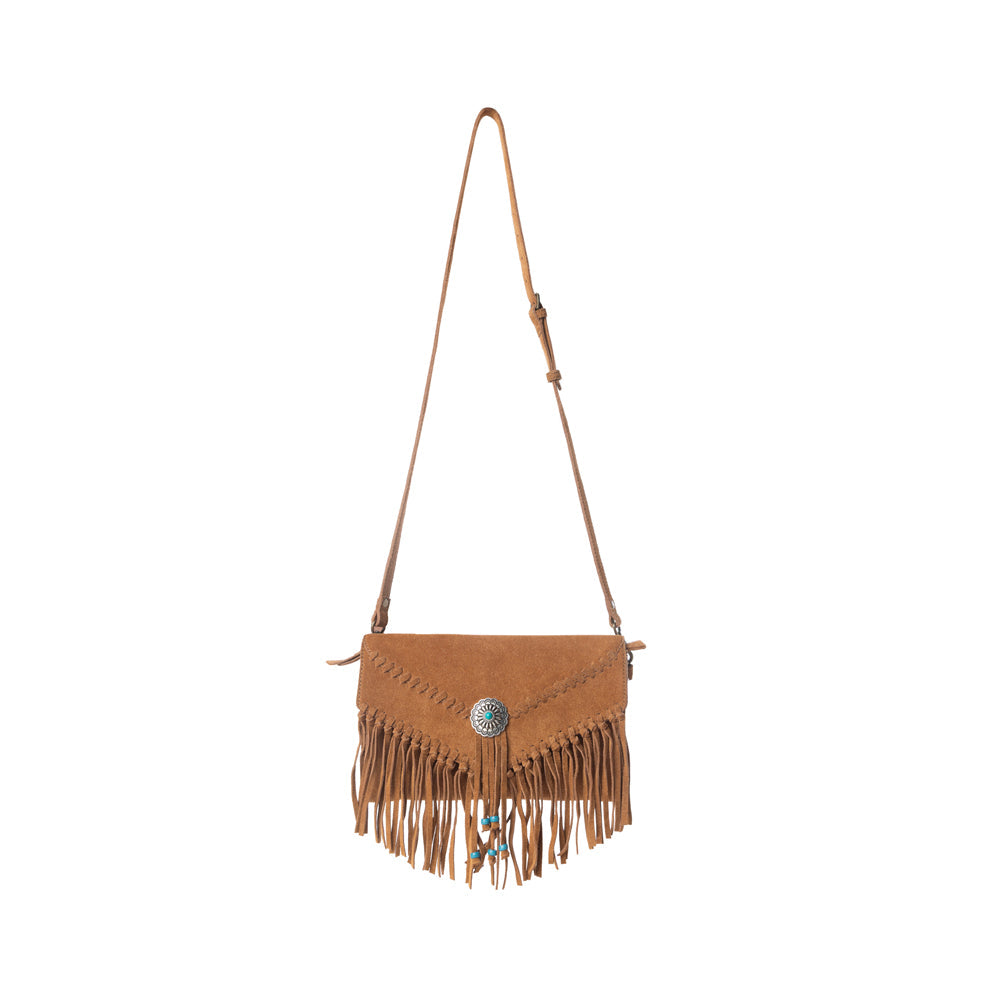 Myra Texas Mist Fringed Leather Bag in Rustwood with Concho Accent - Myra USA