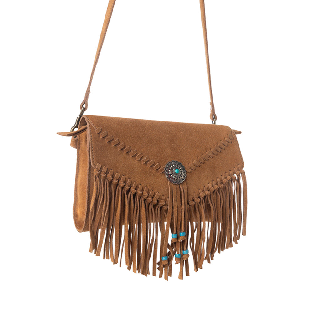 Myra Texas Mist Fringed Leather Bag in Rustwood with Concho Accent - Myra USA