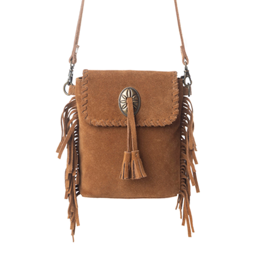 Myra Prairie Drift Fringed Leather Bag in Rodeo Bronze with Concho Accent - Myra USA