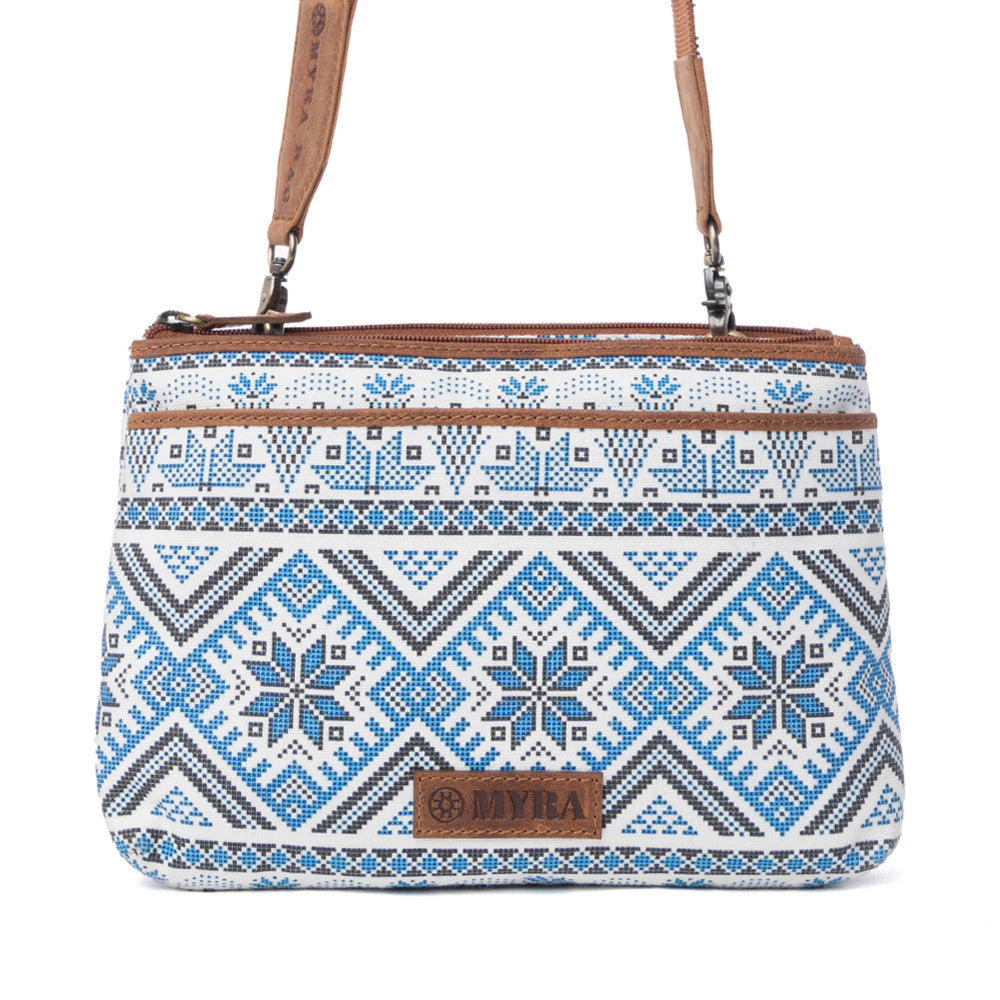 Myra Tribal Hollow Cotton & Leather Crossbody Bag in Indigo Frost - Myra USA