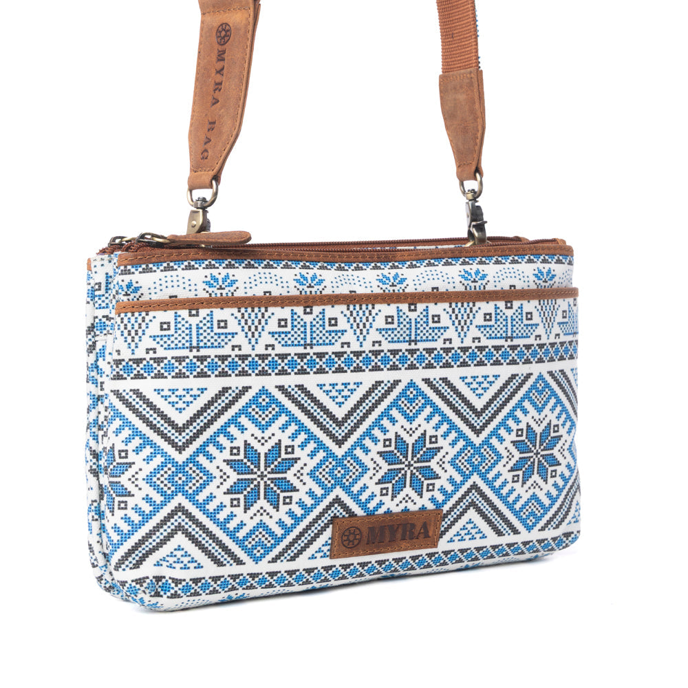 Myra Tribal Hollow Cotton & Leather Crossbody Bag in Indigo Frost - Myra USA