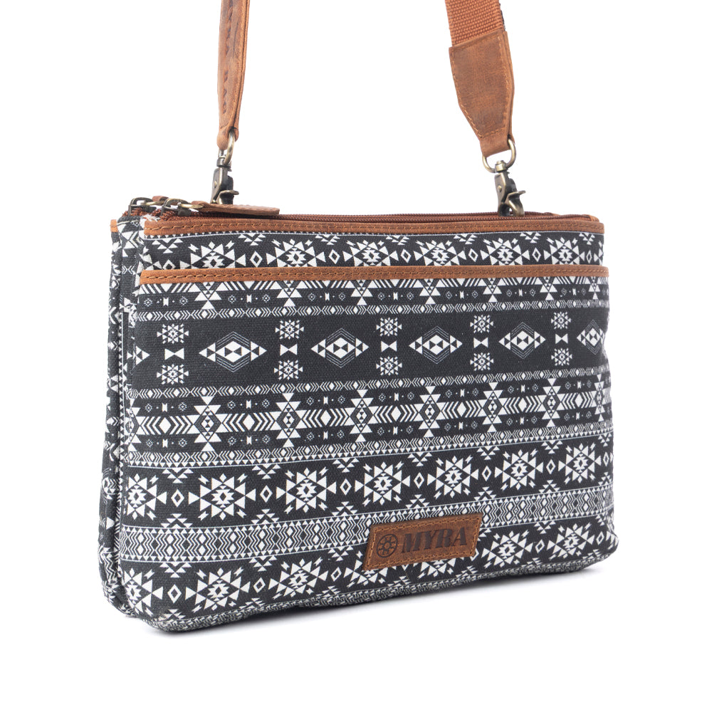 Myra Tribal Hollow Cotton & Leather Crossbody Bag in Midnight Onyx - Myra USA