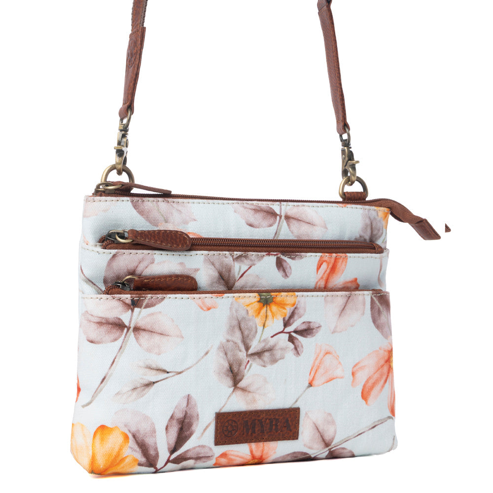 Myra Maple Ridge Cotton & Leather Crossbody Bag in Powder Sky - Myra USA
