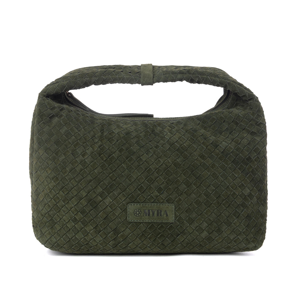 Myra Saddle Weave Genuine Suede Leather Bag in Olive Moss - Myra USA