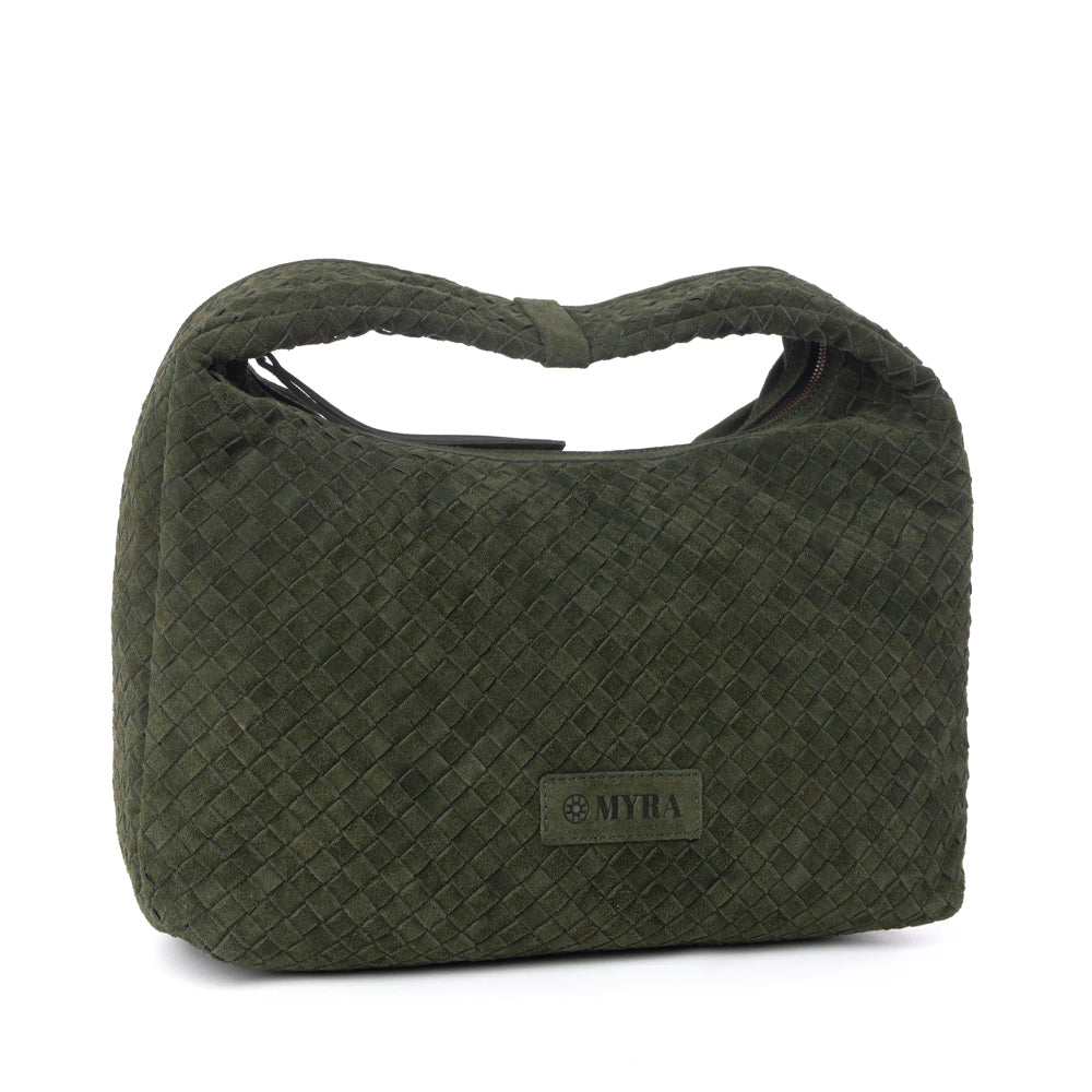 Myra Saddle Weave Genuine Suede Leather Bag in Olive Moss - Myra USA
