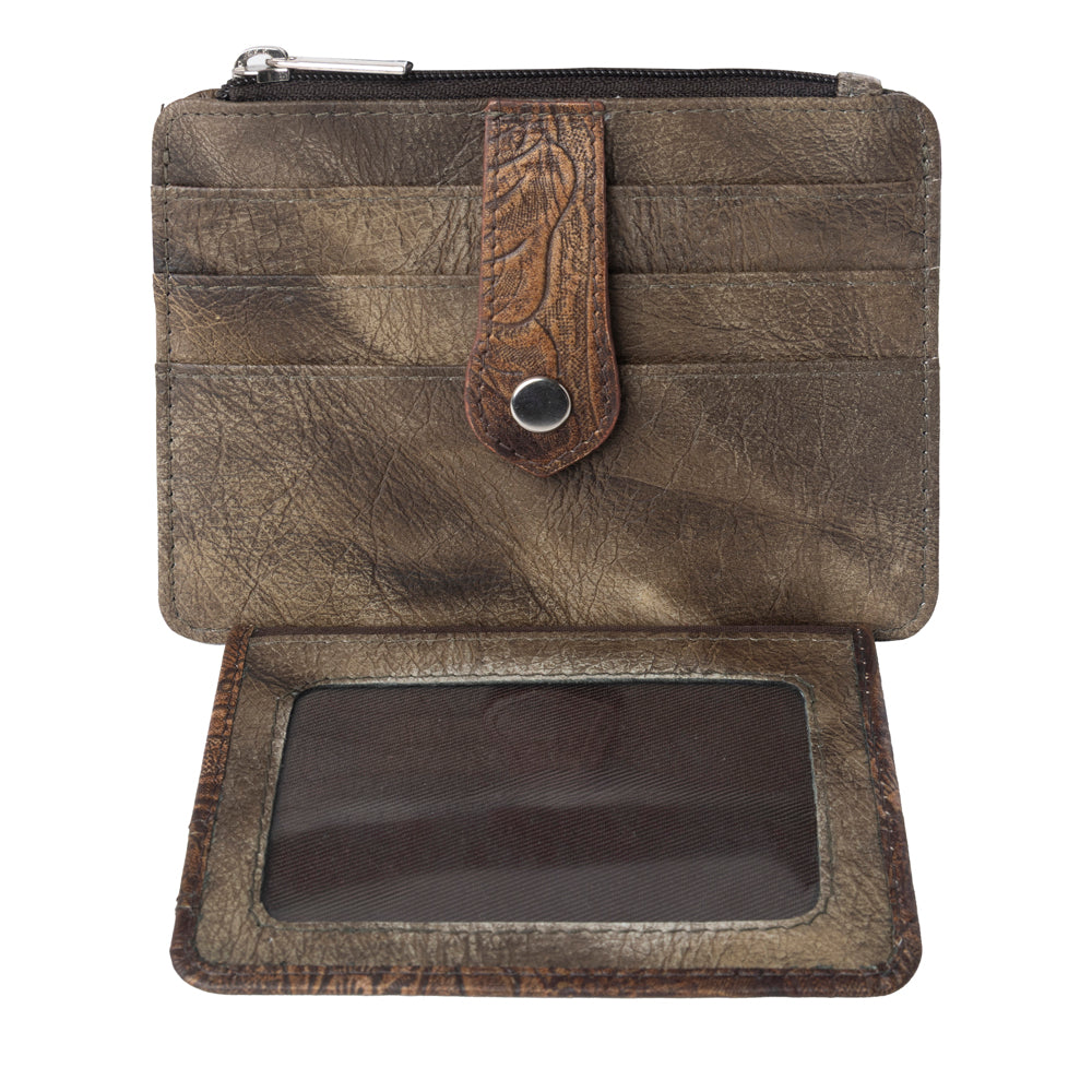Myra Driftwood Cove Embossed Leather Credit Card Holder in Olive Brown - Myra USA