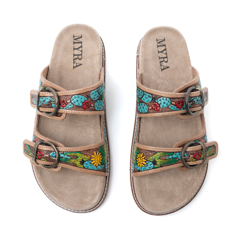 Myra Rio Verde Handtooled Leather Sandals in Agave Blue - Myra USA