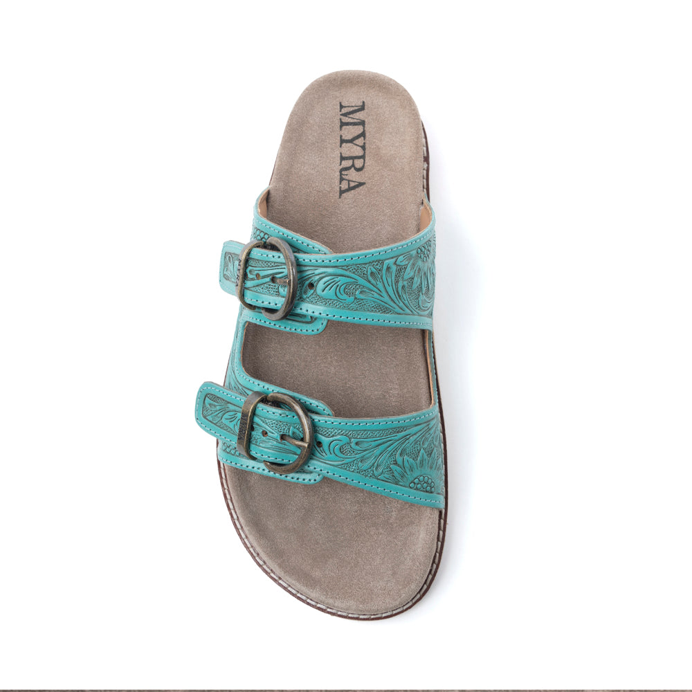 Myra Bluebell Ranch Handtooled Leather Sandals in Alpine Teal - Myra USA