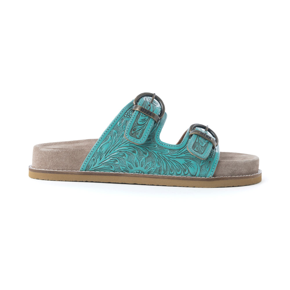 Myra Bluebell Ranch Handtooled Leather Sandals in Alpine Teal - Myra USA