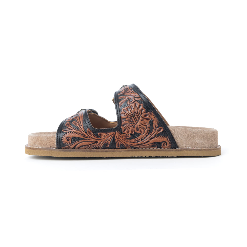 Myra Canyon Ember Handtooled Leather Sandals in Bronzed Brown - Myra USA