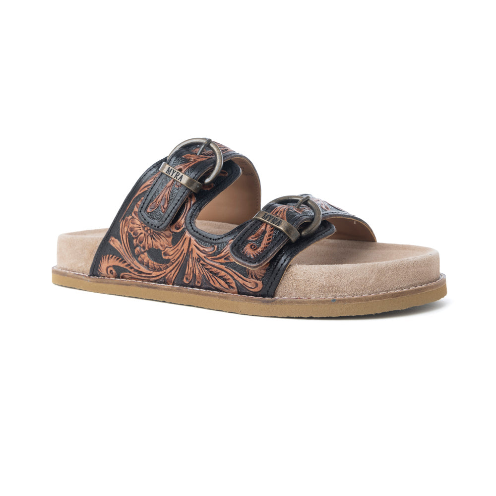 Myra Canyon Ember Handtooled Leather Sandals in Bronzed Brown - Myra USA