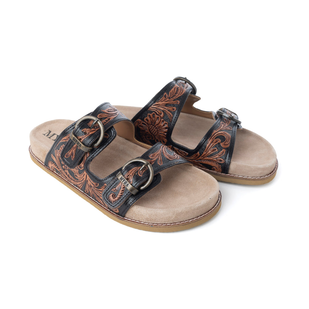Myra Canyon Ember Handtooled Leather Sandals in Bronzed Brown - Myra USA