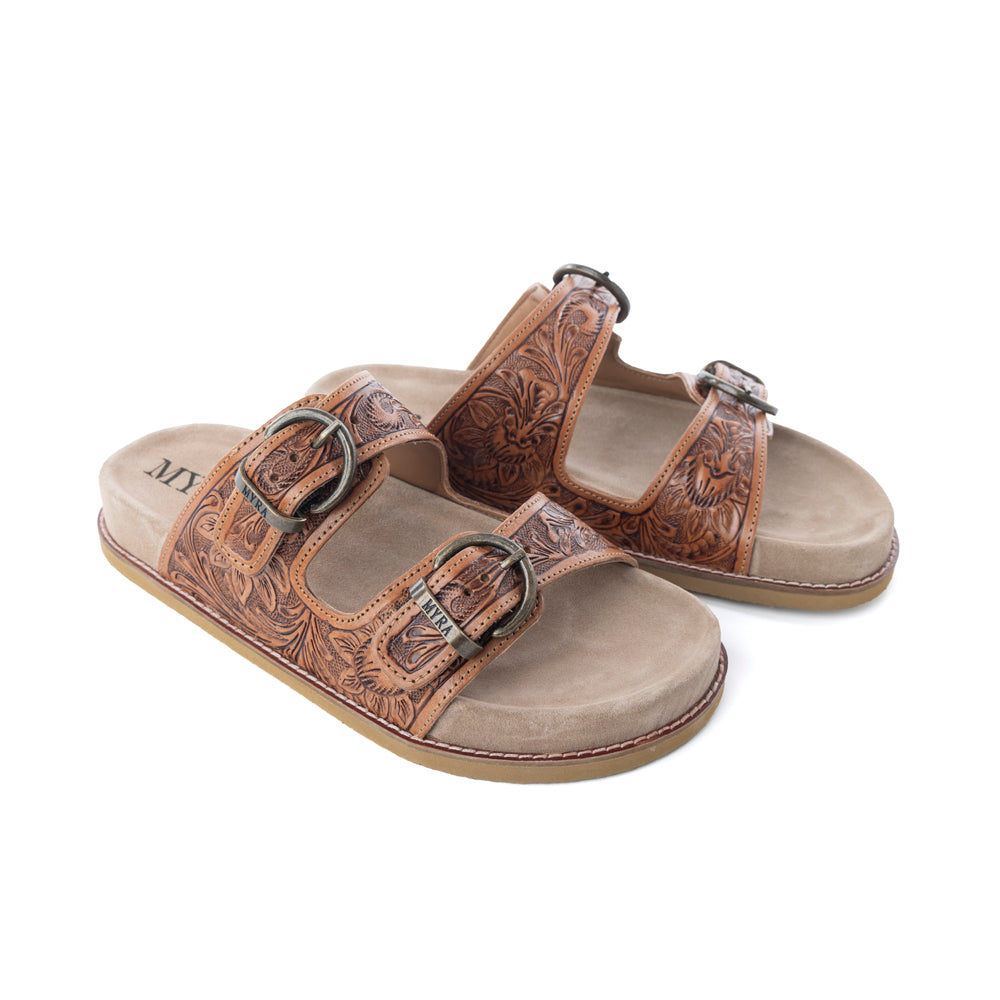 Myra Desert Fern Handtooled Leather Sandals in Autumn Tan - Myra USA