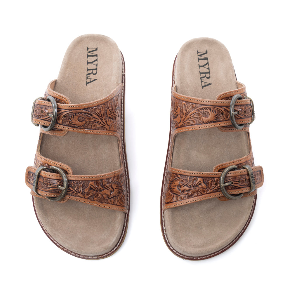 Myra Desert Fern Handtooled Leather Sandals in Autumn Tan - Myra USA
