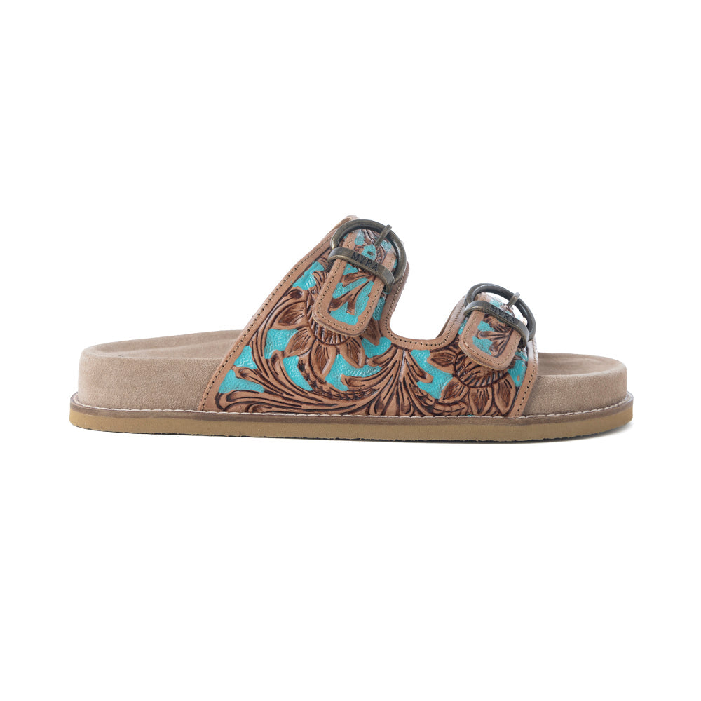 Myra Meadow Sky Handtooled Leather Sandals in Sagewave Blue - Myra USA