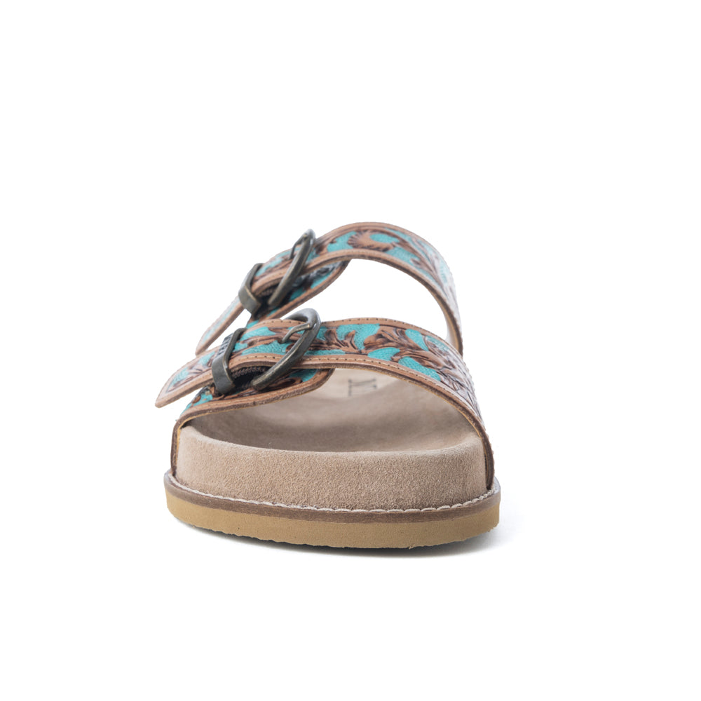 Myra Meadow Sky Handtooled Leather Sandals in Sagewave Blue - Myra USA