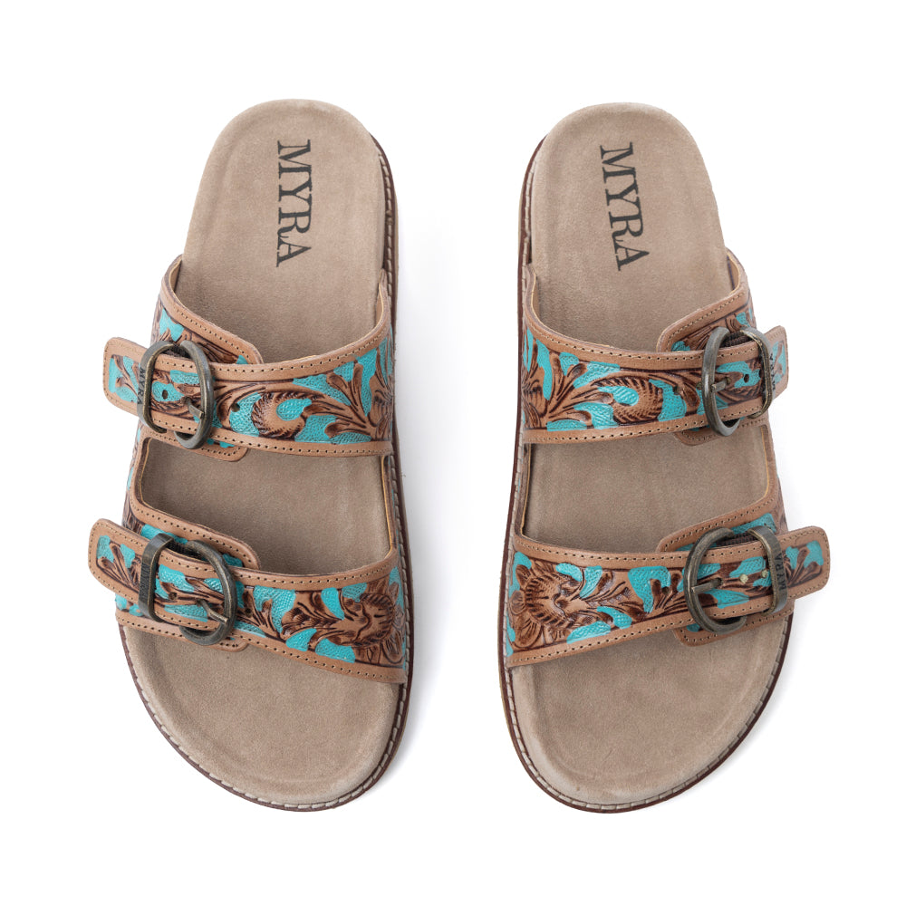 Myra Meadow Sky Handtooled Leather Sandals in Sagewave Blue - Myra USA