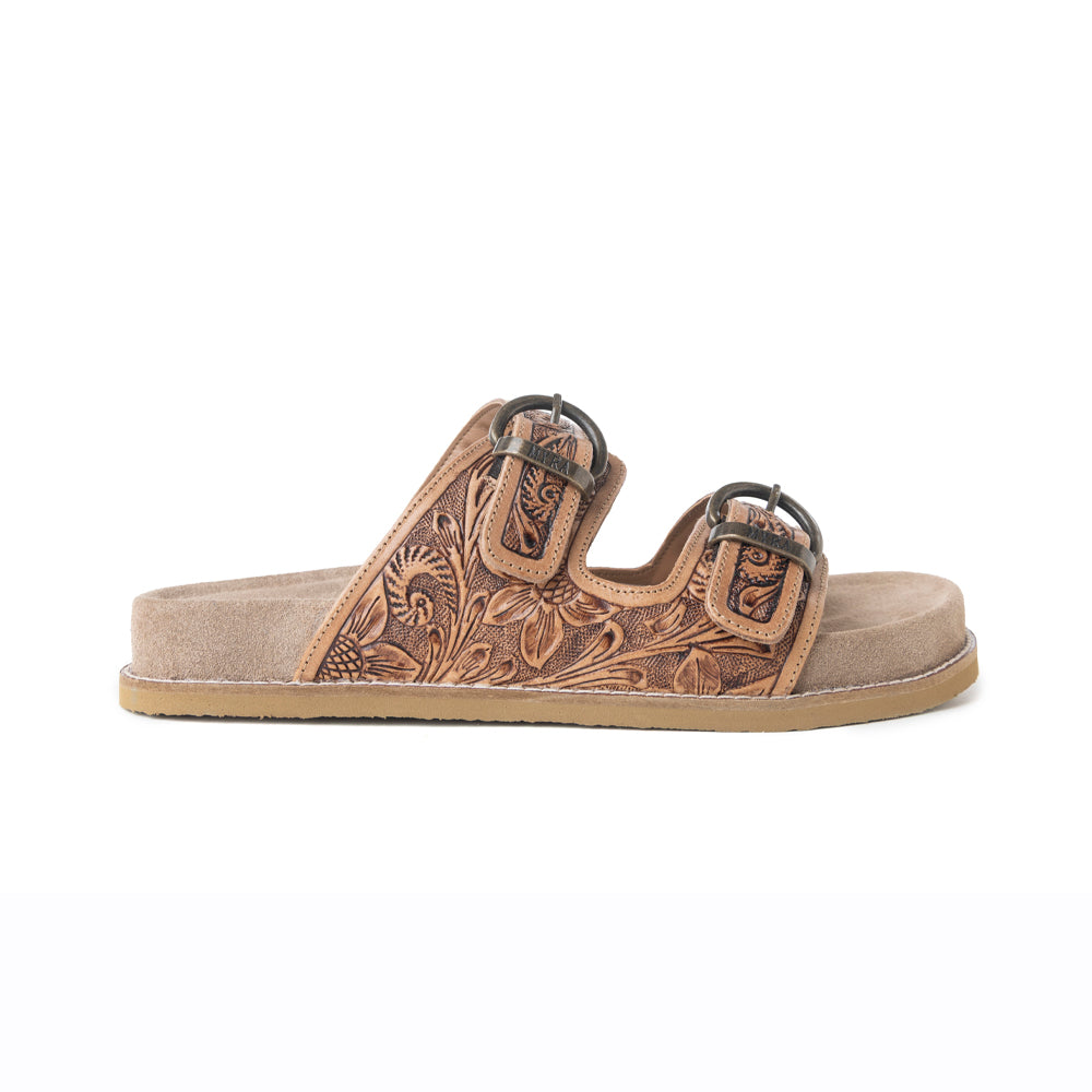 Myra Willow Bloom Handtooled Leather Sandals in Ashen Brown - Myra USA