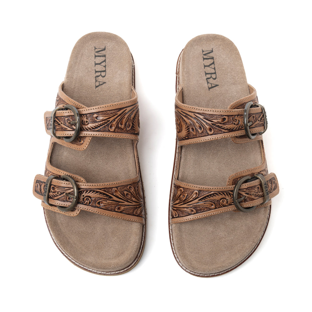 Myra Willow Bloom Handtooled Leather Sandals in Ashen Brown - Myra USA